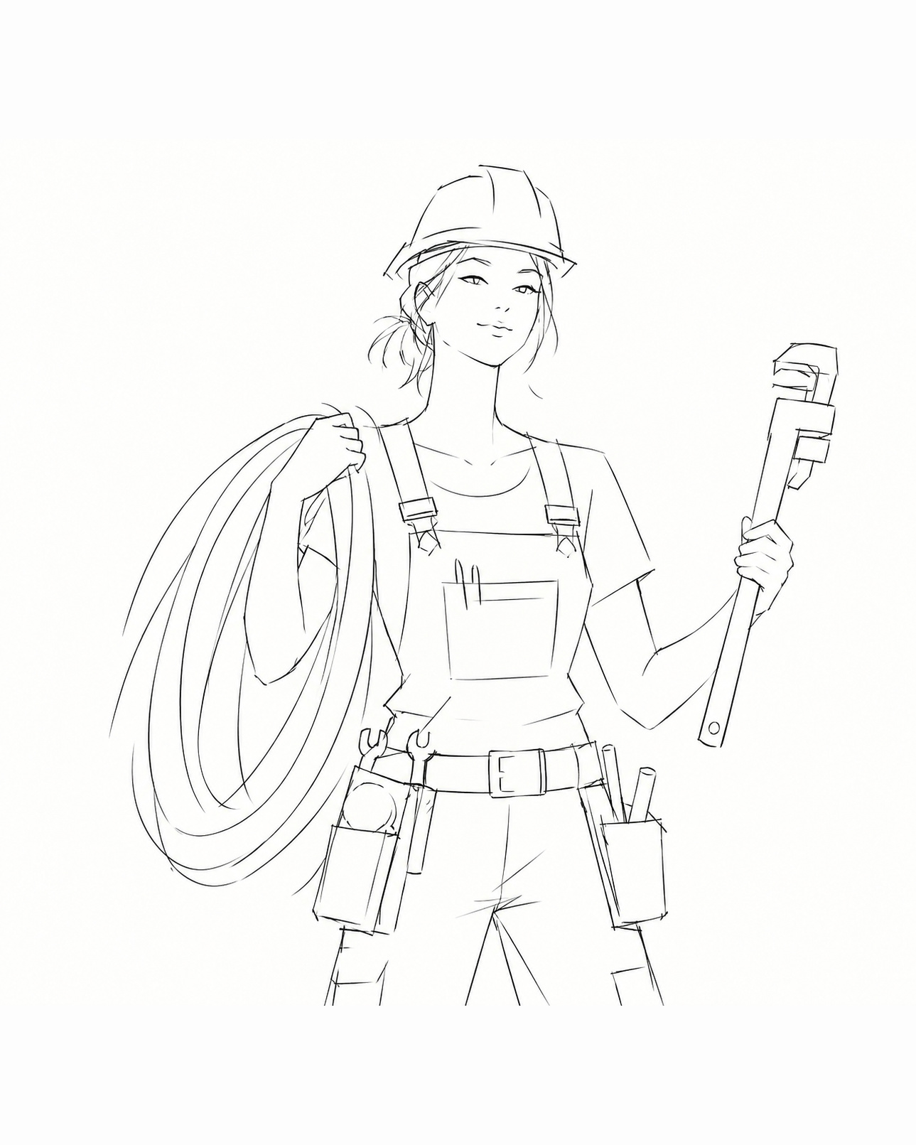The Plumber in concept drawing &mdash; a woman in a hard hat and overalls with a coil of pipe over one shoulder and a pipe wrench in her raised hand, spanners on her tool belt