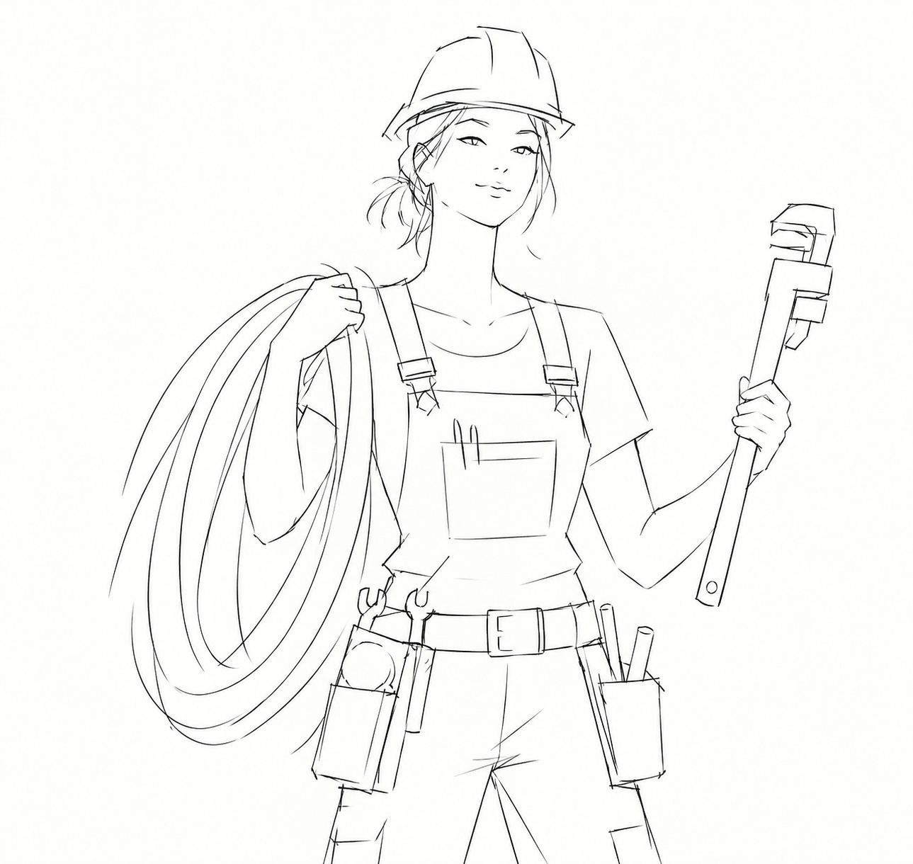 The Plumber in concept drawing &mdash; a woman in a hard hat and overalls with a coil of pipe over one shoulder and a pipe wrench in her raised hand, spanners on her tool belt