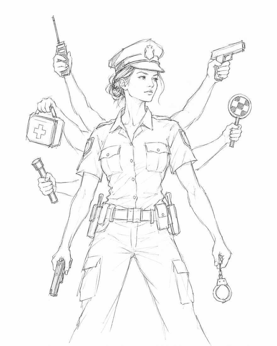 The Police Officer in concept drawing &mdash; a woman in cap and short-sleeved uniform with a utility belt, extra arms holding a radio, a first-aid kit, a torch, a traffic paddle, handcuffs and equipment