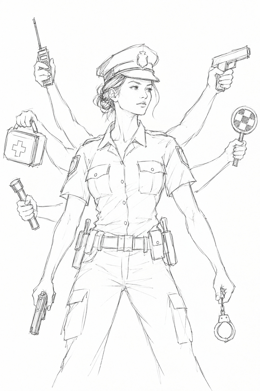 The Police Officer in concept drawing &mdash; a woman in cap and short-sleeved uniform with a utility belt, extra arms holding a radio, a first-aid kit, a torch, a traffic paddle, handcuffs and equipment