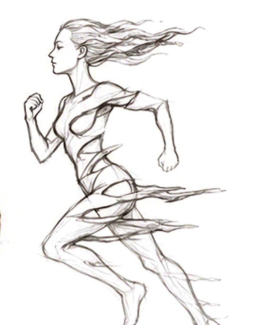 The Runner in concept drawing &mdash; a woman in full stride, her hair and ribbons of fabric streaming back from her body