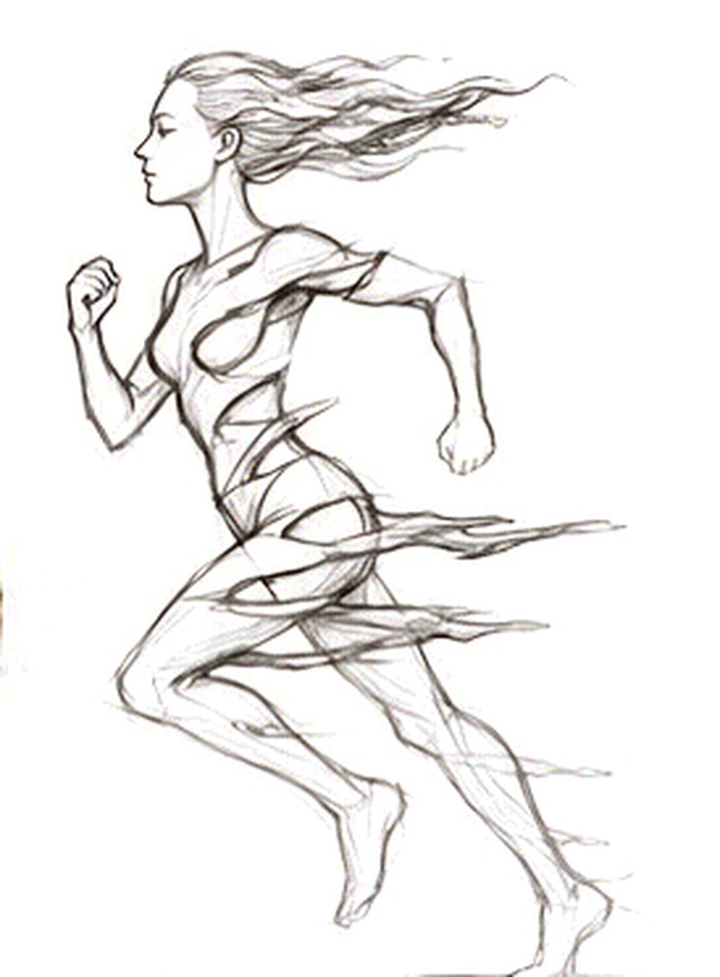 The Runner in concept drawing &mdash; a woman in full stride, her hair and ribbons of fabric streaming back from her body