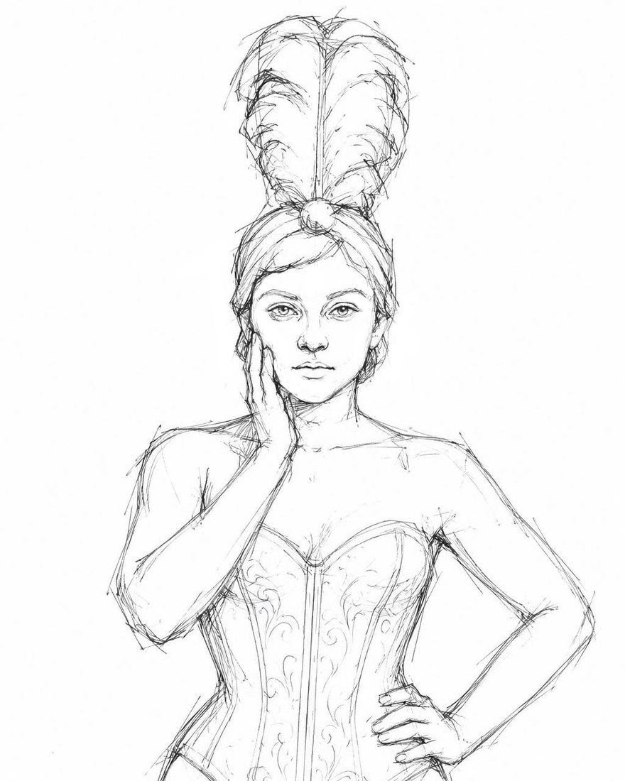 The Showgirl in concept drawing &mdash; a woman in an embroidered corset with a tall feather plume in her hair, one hand at her cheek and the other on her hip