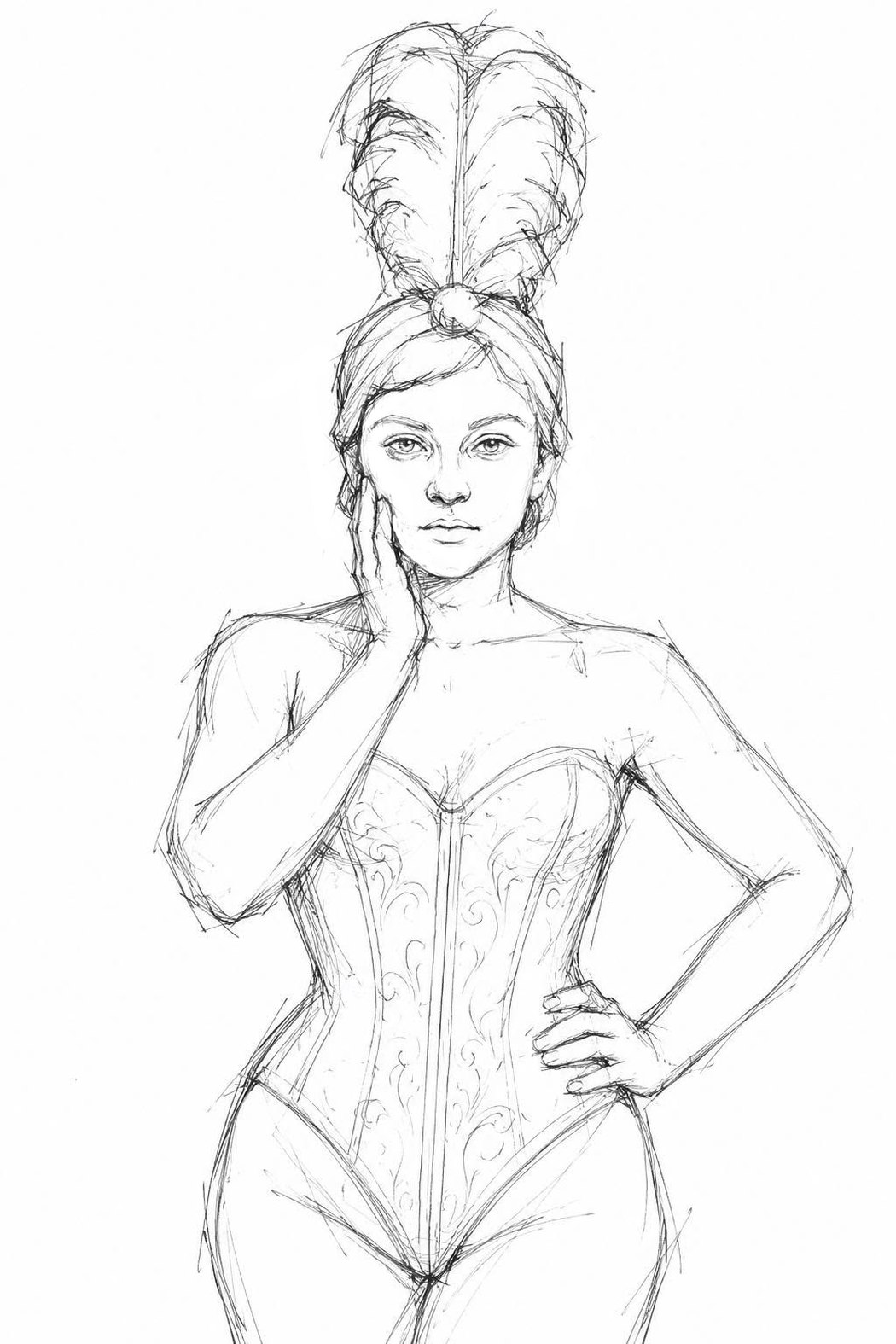 The Showgirl in concept drawing &mdash; a woman in an embroidered corset with a tall feather plume in her hair, one hand at her cheek and the other on her hip