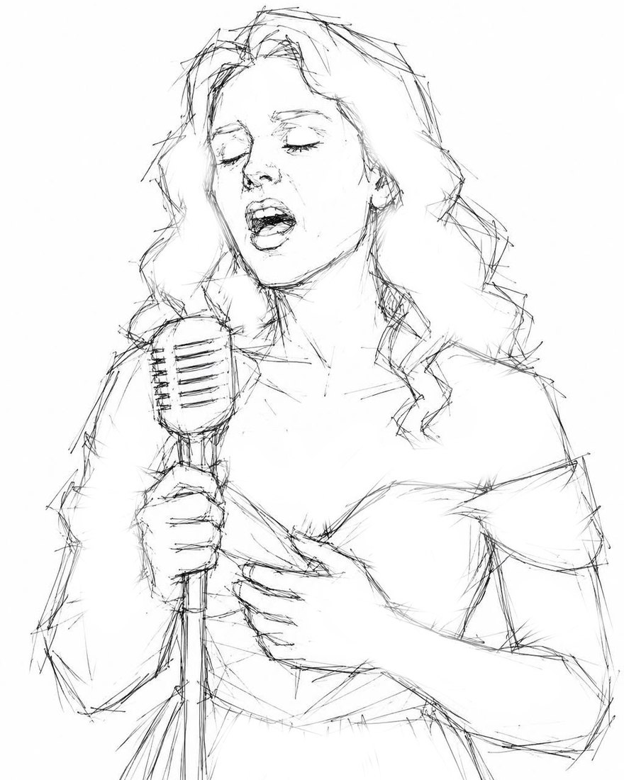 The Singer in concept drawing &mdash; a woman with long wavy hair and eyes closed, singing into a vintage microphone on a stand, one hand at her chest