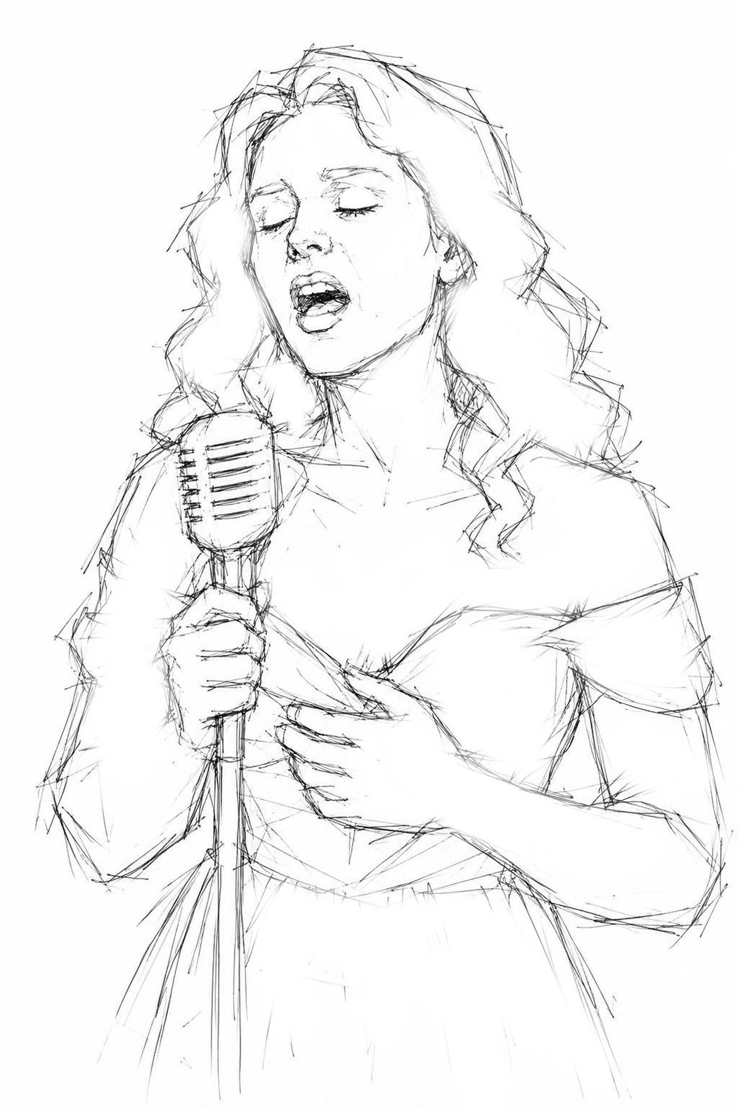 The Singer in concept drawing &mdash; a woman with long wavy hair and eyes closed, singing into a vintage microphone on a stand, one hand at her chest