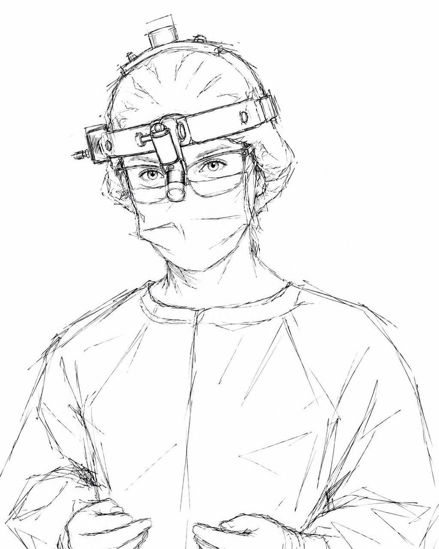The Surgeon in concept drawing &mdash; a woman in theatre cap, mask and gown, a surgical headlight and magnifying loupes over her glasses, gloved hands held ready in front of her