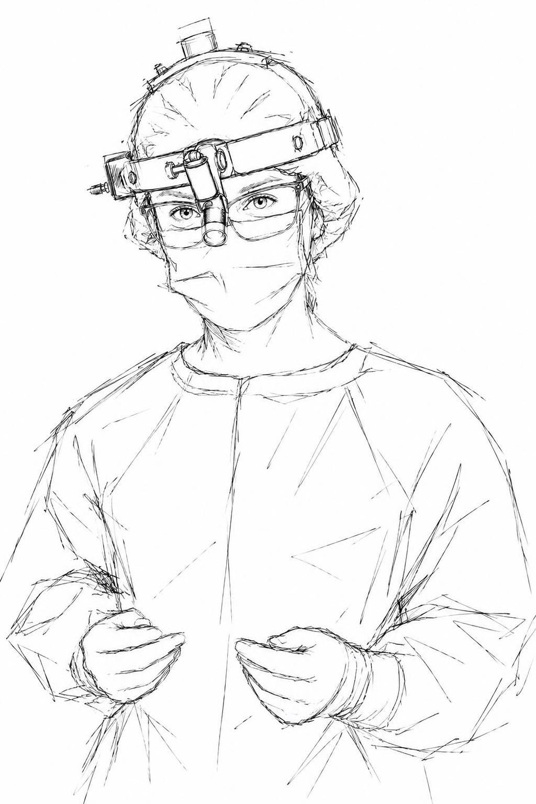 The Surgeon in concept drawing &mdash; a woman in theatre cap, mask and gown, a surgical headlight and magnifying loupes over her glasses, gloved hands held ready in front of her