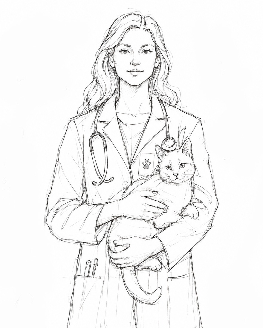 The Veterinarian in concept drawing &mdash; a woman with long wavy hair in a lab coat, a stethoscope around her neck and a paw-print badge on her pocket, cradling a cat in her arms