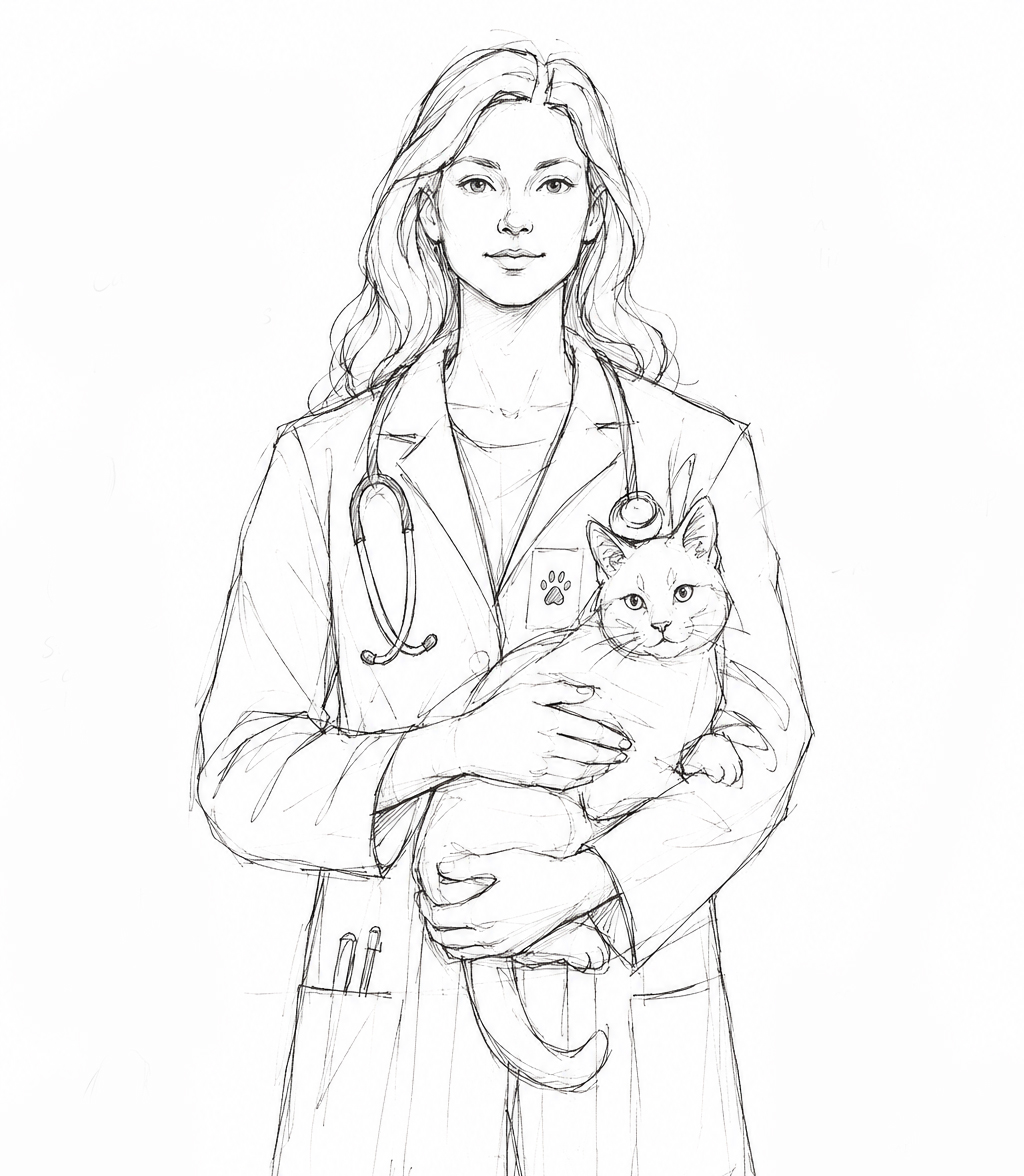 The Veterinarian in concept drawing &mdash; a woman with long wavy hair in a lab coat, a stethoscope around her neck and a paw-print badge on her pocket, cradling a cat in her arms