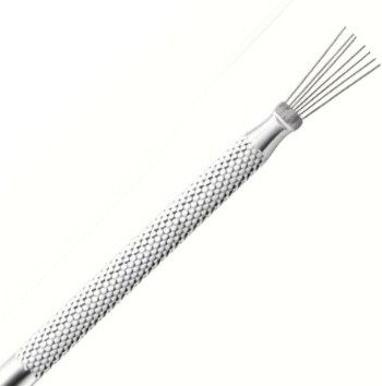 A feather stripe texture tool — a row of fine steel wires set into a ferrule on a knurled metal handle