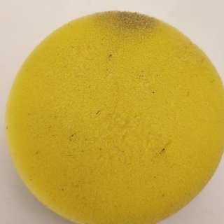 A round yellow synthetic sponge, about 7.5 cm across